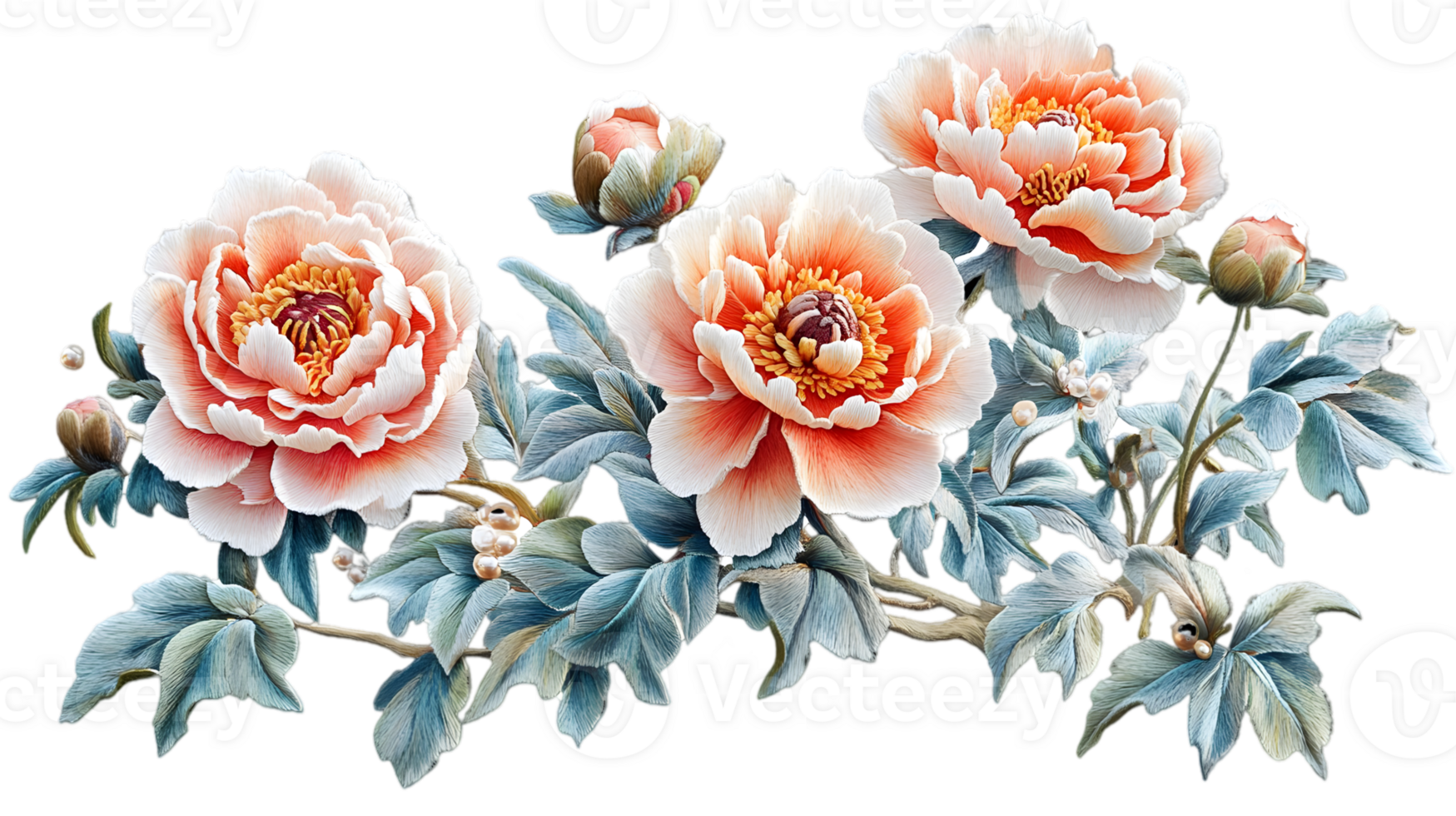 Floral Arrangement Featuring Peach and White Peonies with Blue Green Leaves on a Transparent Background png