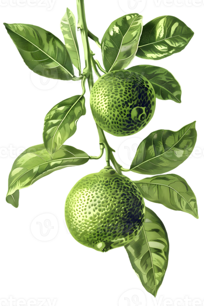 Green Lime Branch with Leaves Botanical Illustration on Transparent Background png