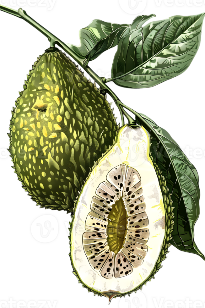 Green Gac Fruit Still Life with Cut Half and Leaves on Transparent Background png