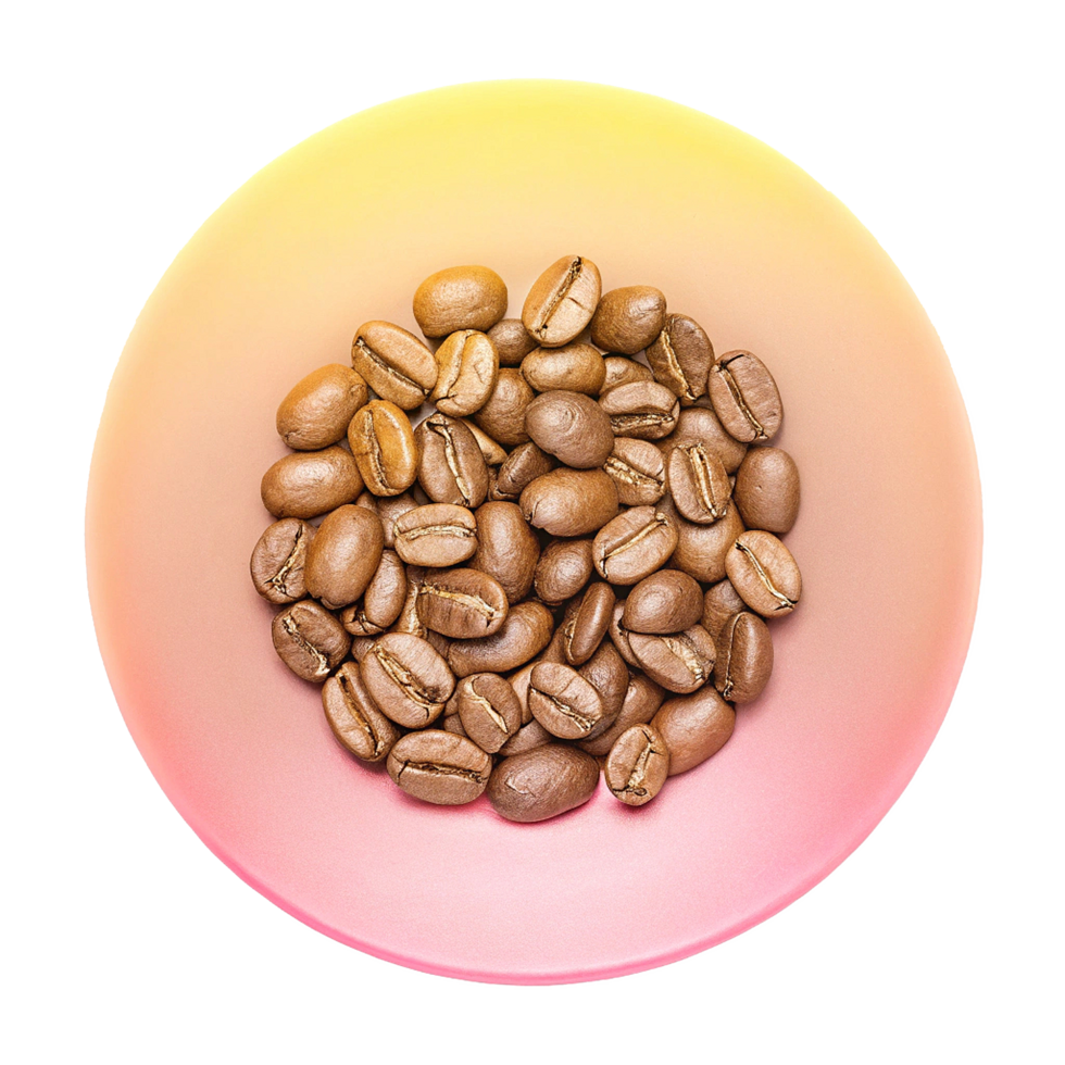 Roasted Coffee Beans on a Pink and Yellow Dish, Close Up View of Aromatic Coffee Beans png