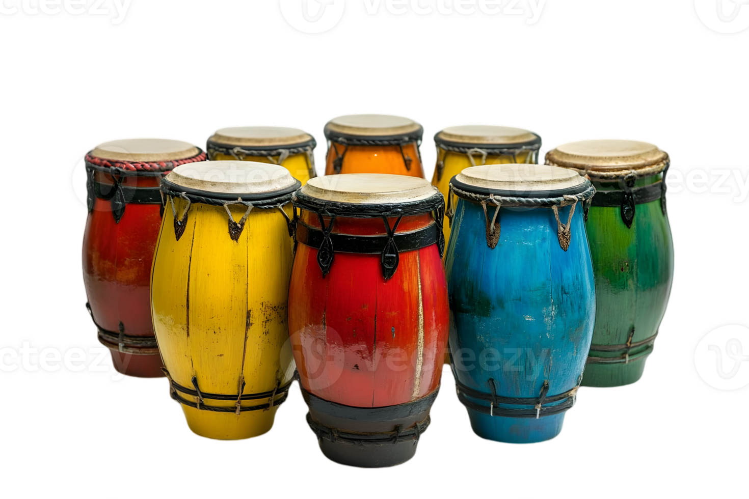 Group of Conga Drums in Vibrant Colors with a Transparent Background Perfect for Musical Themed Designs and Rhythm Related Visuals png