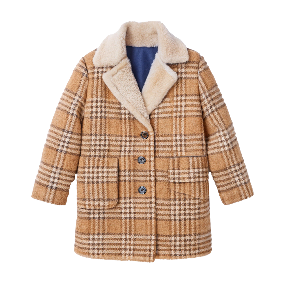 Elegant Plaid Overcoat with Luxurious Shearling Collar for Autumn and Winter png