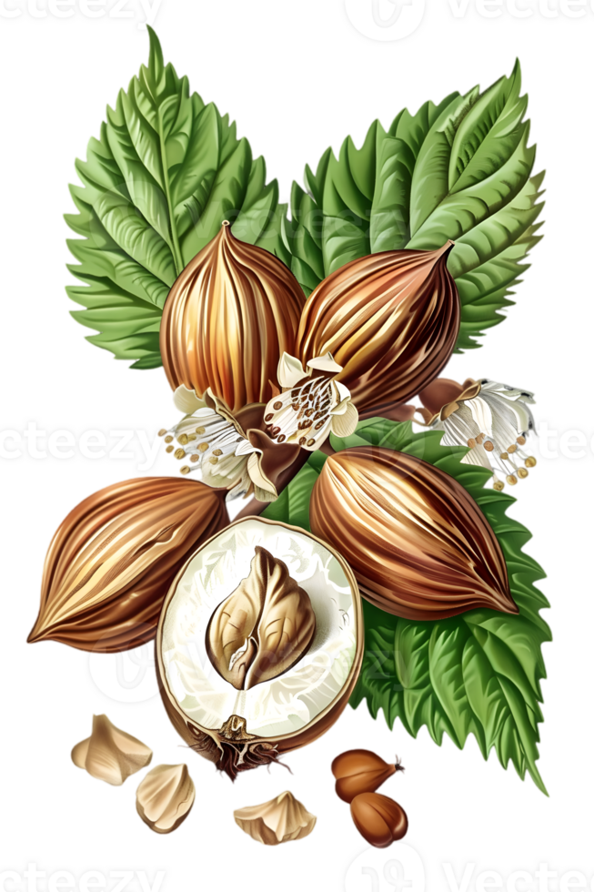Hazelnut Still Life with Green Leaves and Nut Kernel on a Transparent Background Botanical Illustration png