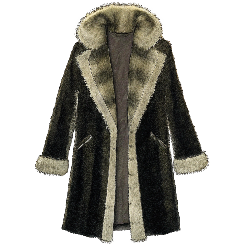 Elegant Long Dark Green Faux Fur Coat with Light Grey Trim png