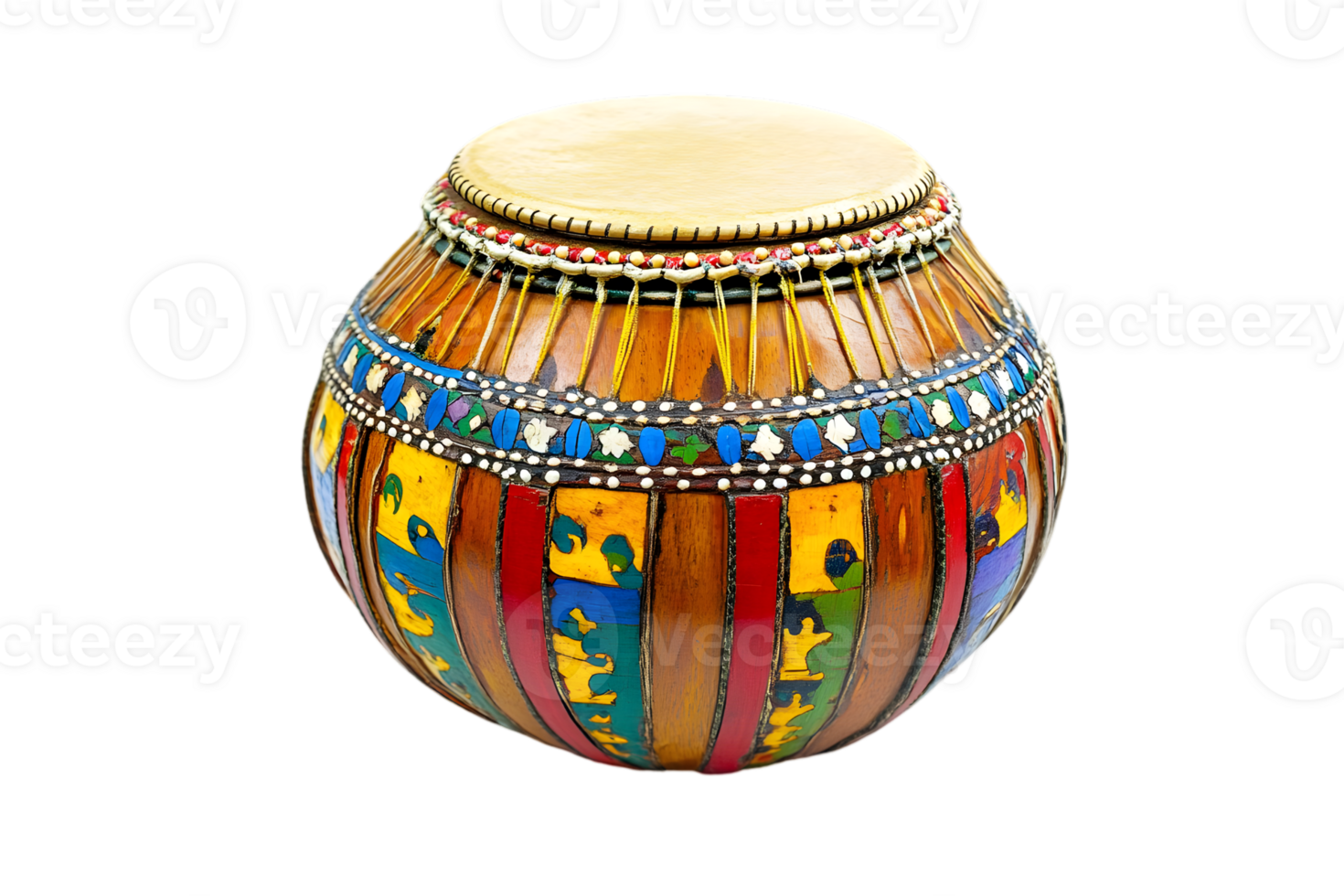 Handcrafted Ethnic Drum with Painted Wood and Leather Texture on Transparent Background Musical Instrument with Vibrant Colors png