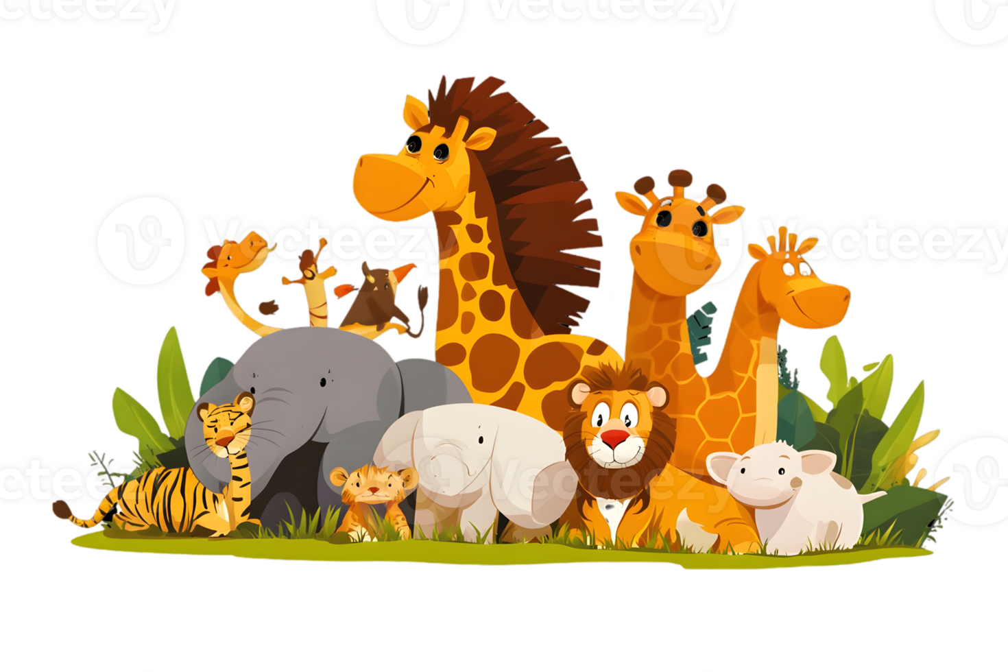 Group of Pixel Art Jungle Animals Including Giraffes Elephants Lions and Tigers Gathering Together in Animated Style on Transparent Background png