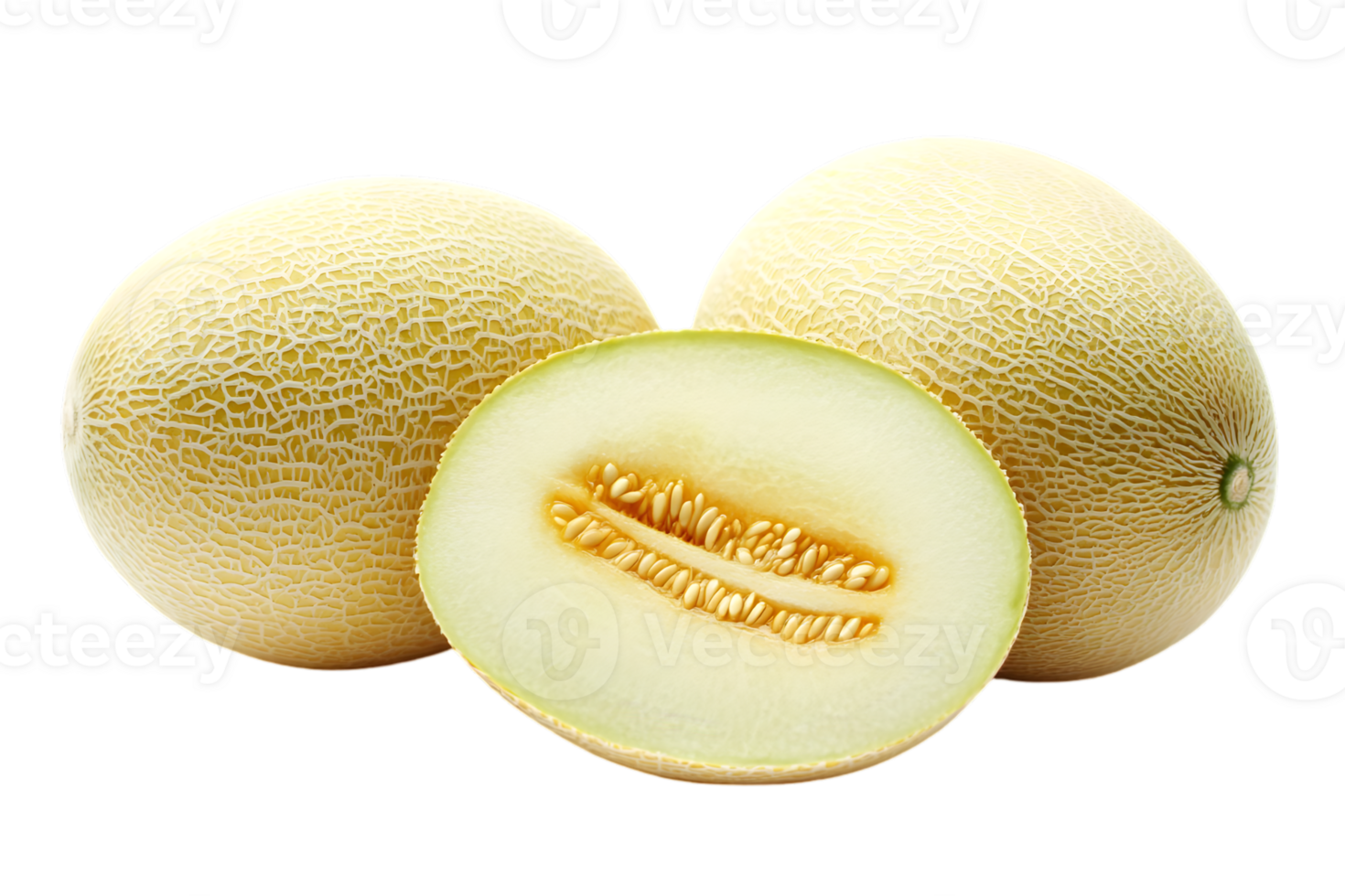 Group of Three Cantaloupe Melons with One Halved Against Transparent Background Showing Juicy Flesh and Seeds png
