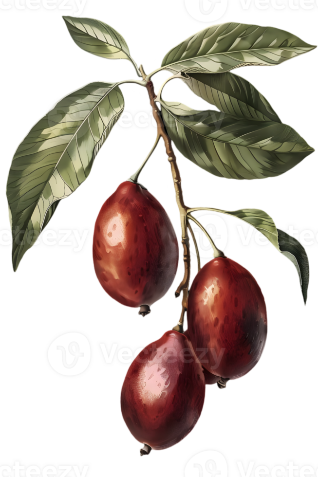 Illustration of a Branch with Red Fruits and Green Leaves on Transparent Background png