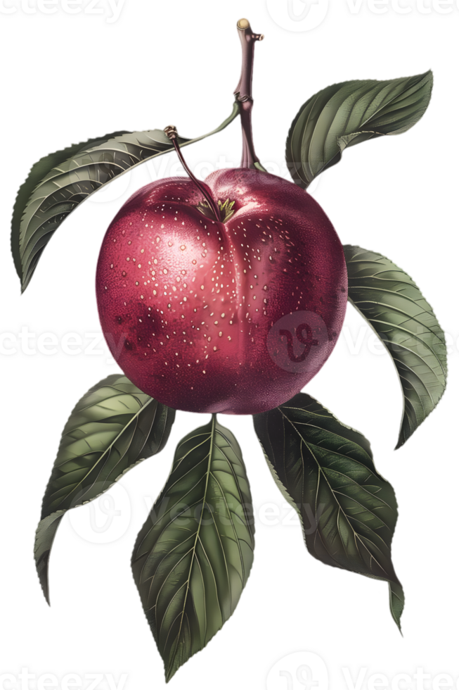 Illustration of a Ripe Red Plum on a Branch with Green Leaves Isolated on Transparent Background png