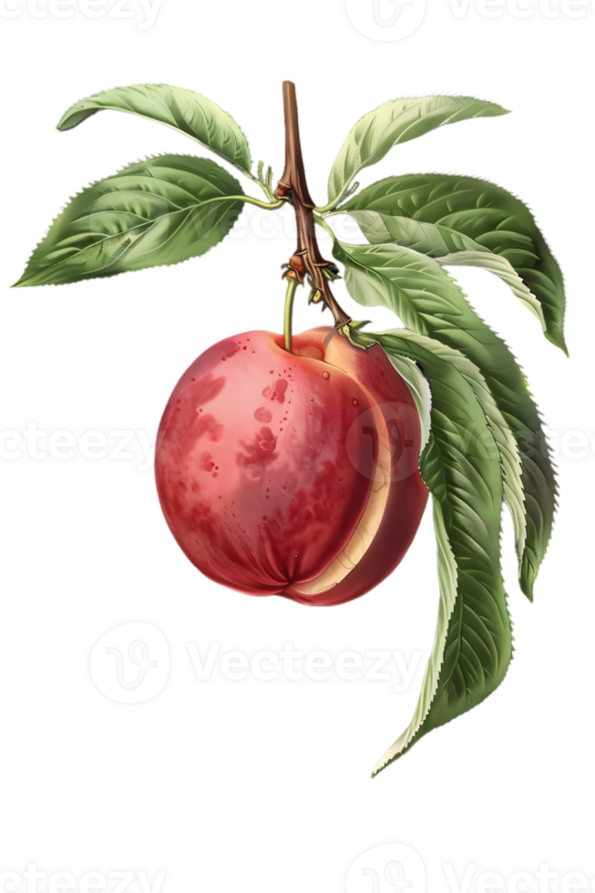 Illustration of a Ripe Red Peach Hanging From Branch with Green Leaves on Transparent Background in Botanical Vintage Style png