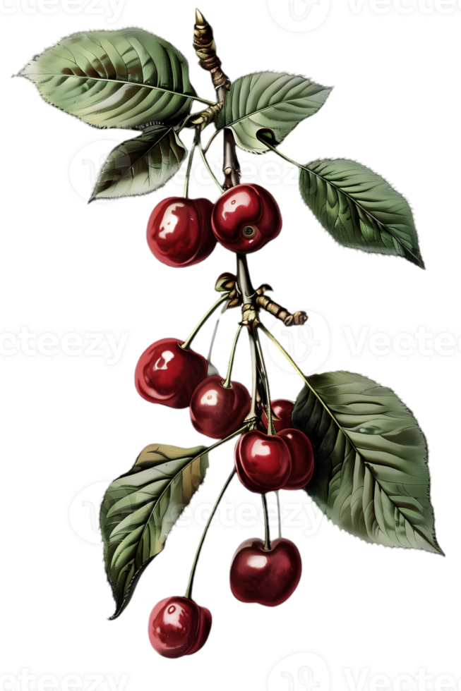 Illustration of Bright Red Cherries Hanging from Branch with Green Leaves on a Transparent Background for Stock Photography png