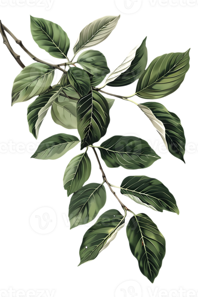 Illustration of Green Leaves and Branch in Botanical Theme on a Transparent Background with Artistic Touch png