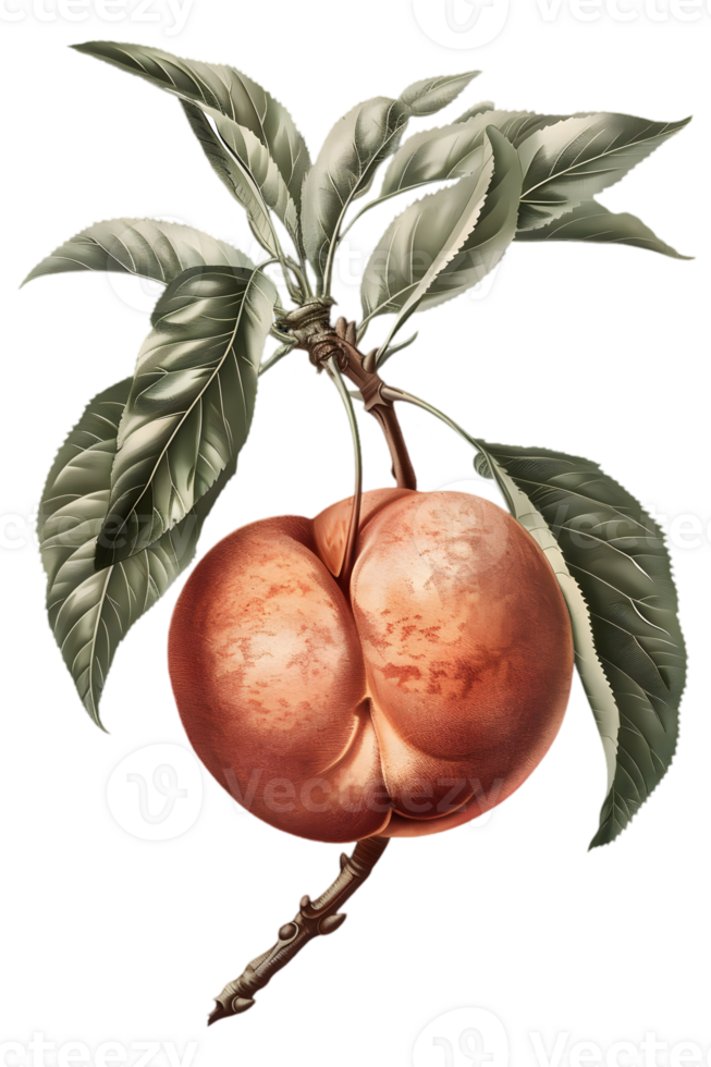 Illustration of a Single Peach on a Branch with Green Leaves on Transparent Background png