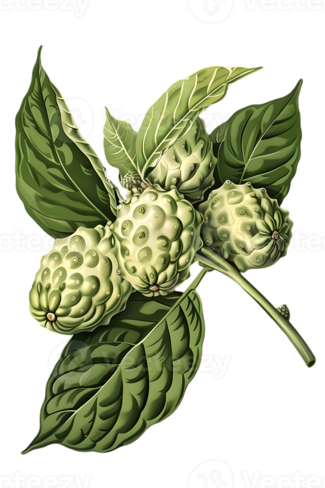 Illustration of Noni Fruits on a Branch with Green Leaves on a Transparent Background png