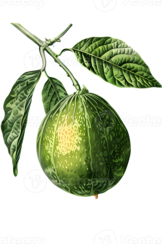 Illustration of Round Green Fruit with Leaves and Branch on Transparent Background Botanical and Vintage Style Detailed Depiction of Natural Food png