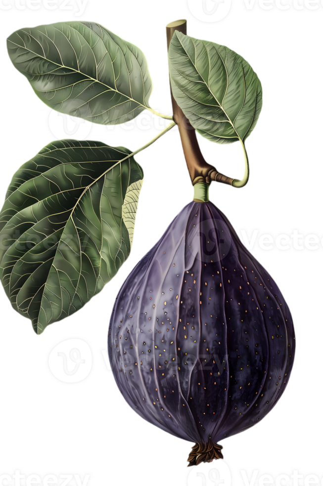 Illustration of Ripe Fig with Leaves on Transparent Background Featuring Deep Purple and Green Tones in a Botanical Style png