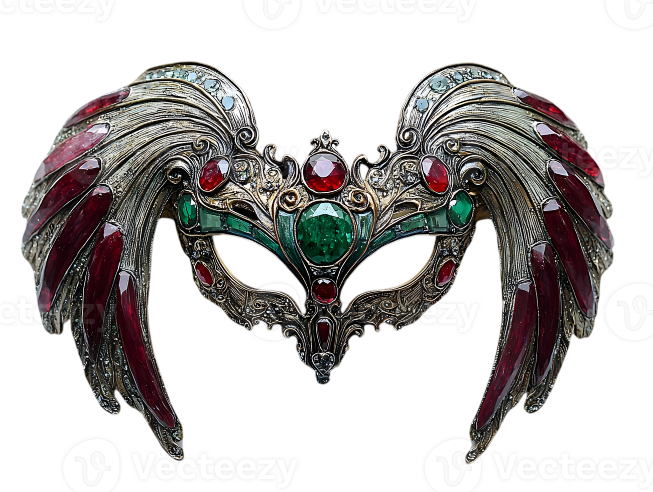Intricate Jeweled Masquerade Mask with Wings and Gemstones on Black Background png