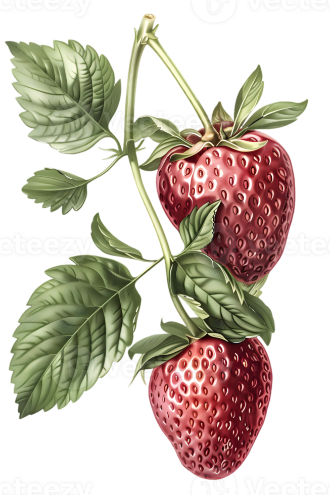 Illustration of Two Ripe Red Strawberries Hanging on a Branch with Green Leaves on Transparent Background for Graphic Design and Decorative Purposes png