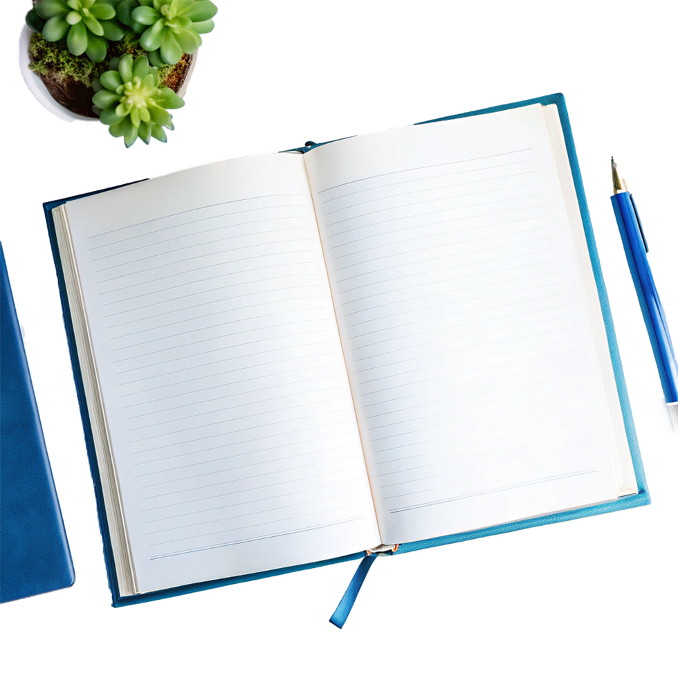 Blank Lined Notebook Open on Desk with Succulent Plant and Pen png