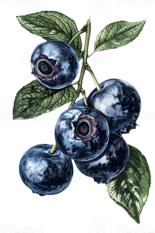 Illustration of Blueberries on a Branch with Green Leaves Isolated on a Transparent Background png