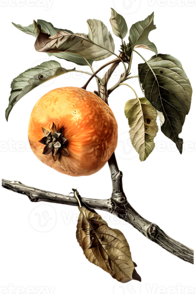Isolated Branch with Ripe Apple and Brown Leaves on Transparent Background in Aged Botanical Still Life Style png