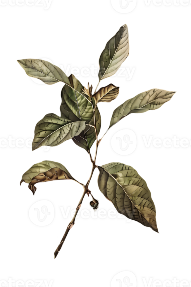 Isolated Botanical Illustration of Green Leaves and Brown Branch on a Transparent Background Fresh Flora Foliage Detailed Pattern png