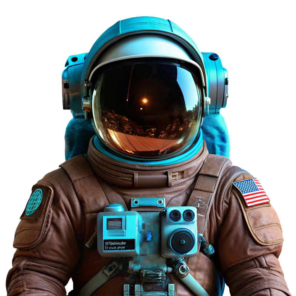 Astronaut in Brown Spacesuit with Teal Helmet and American Flag Patch png