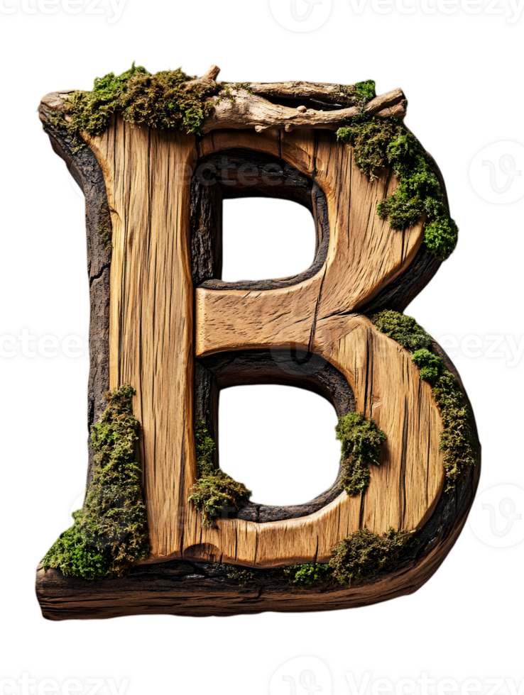 Isolated Letter B Made of Rustic Wood and Green Moss on a Transparent Background png