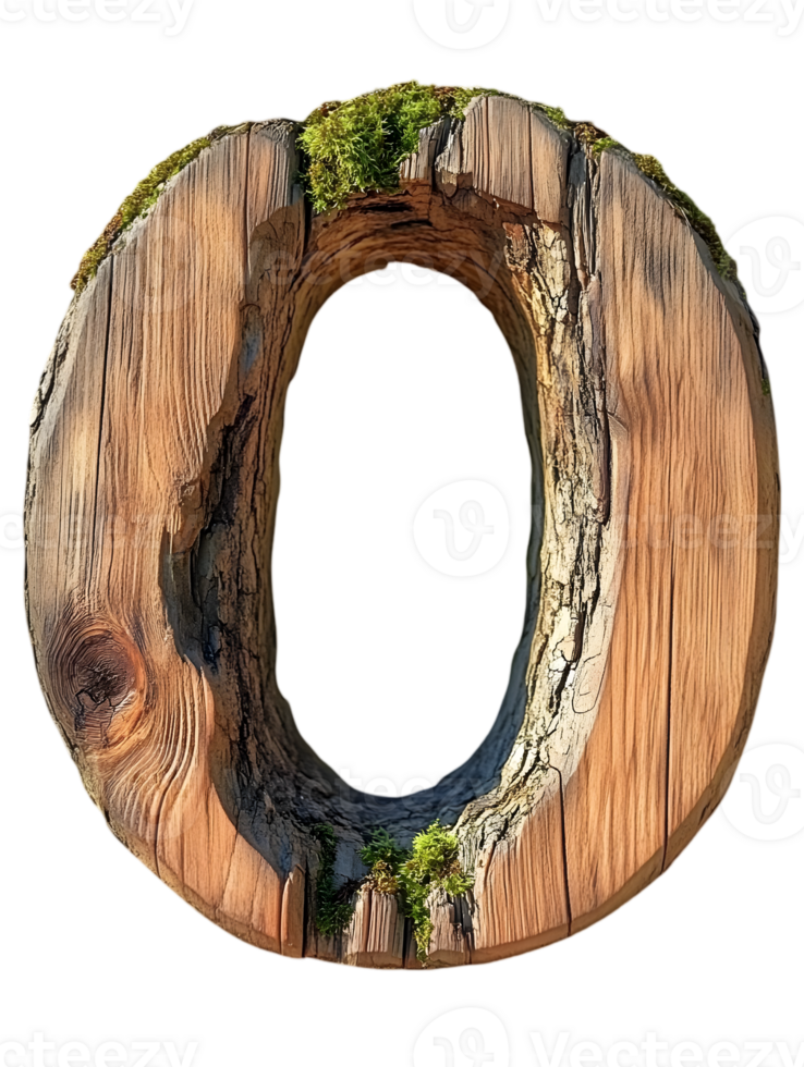 Isolated Detailed Wooden Letter O with Moss on Transparent Background for Graphic Design png