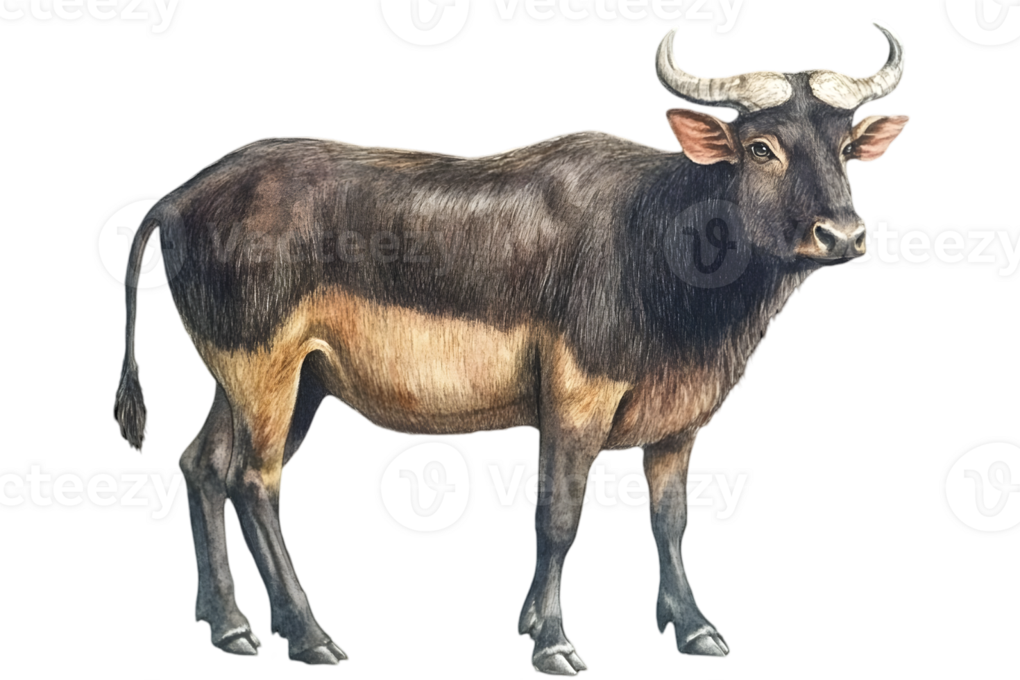 Isolated Ox with Strong Horns on Transparent Background Standing Sturdy Brown Fur and Black Body png