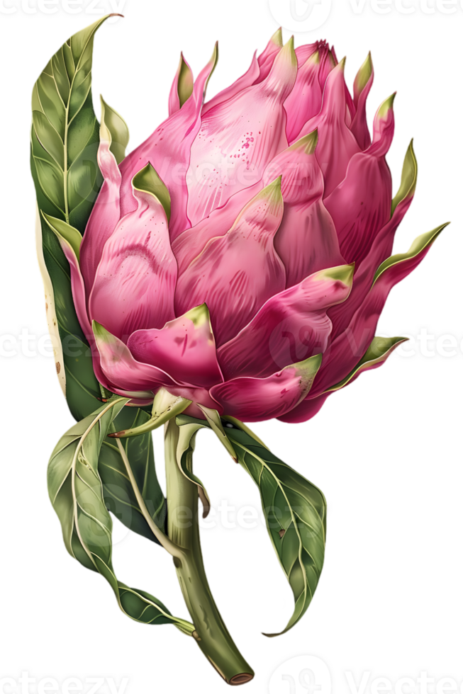 Isolated Pink Artichoke Blossom with Green Leaves Botanical Illustration on Transparent Background png