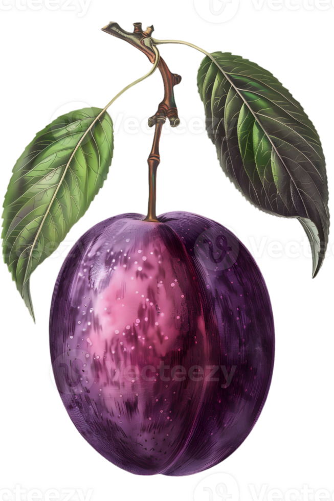 Isolated Purple Plum Fruit on a Branch with Leaves in Transparent Background png