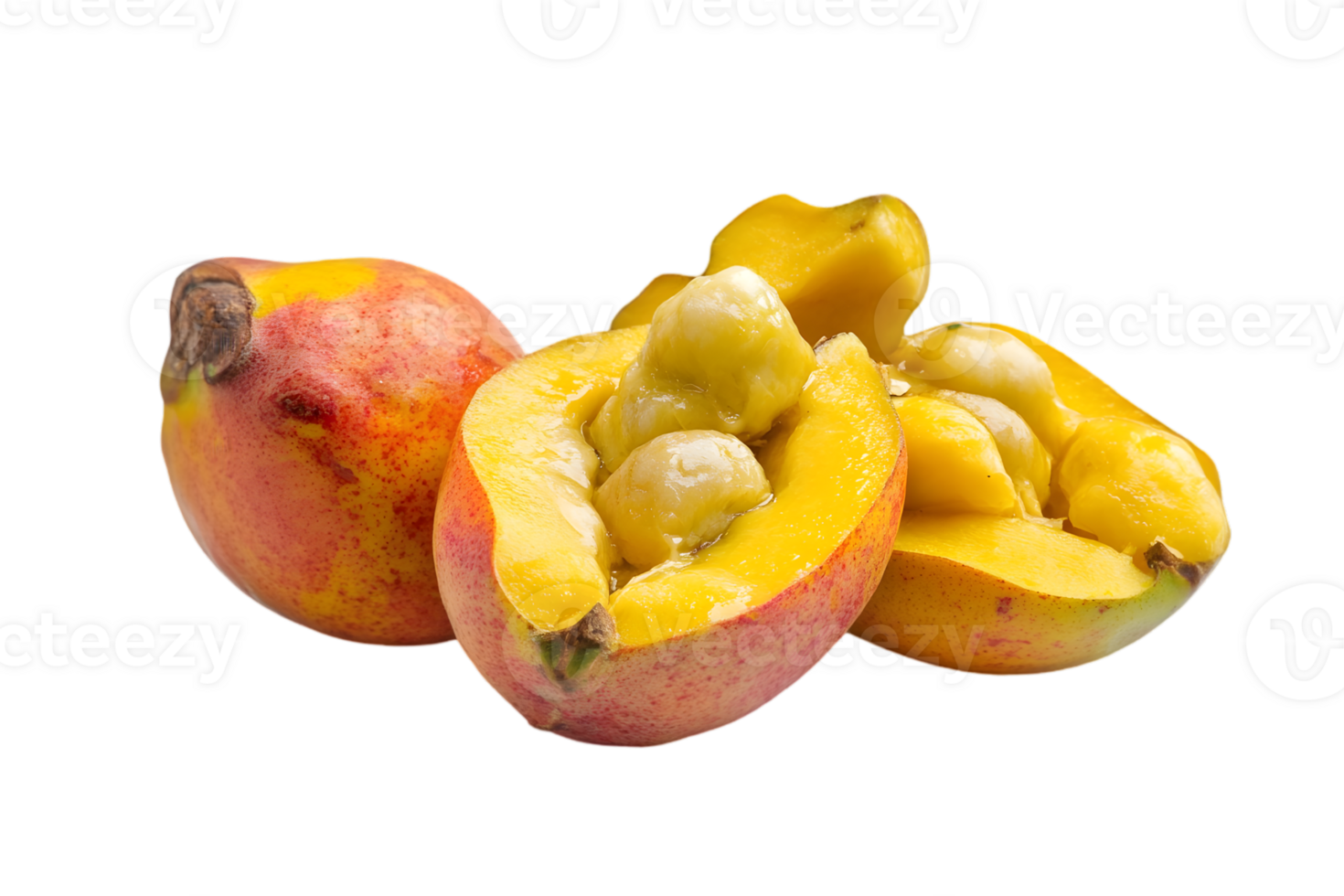 Isolated Ripe Mango Cut into Halves with Yellow Pulp and Red Skin on Black Background Delicious and Tropical Still Life png