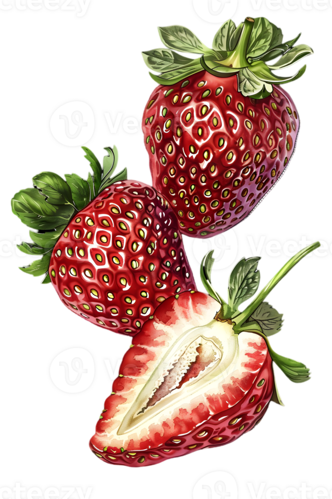 Isolated Red Strawberries with Green Leaves and Cross Section View on Transparent Background Detailed Still Life png