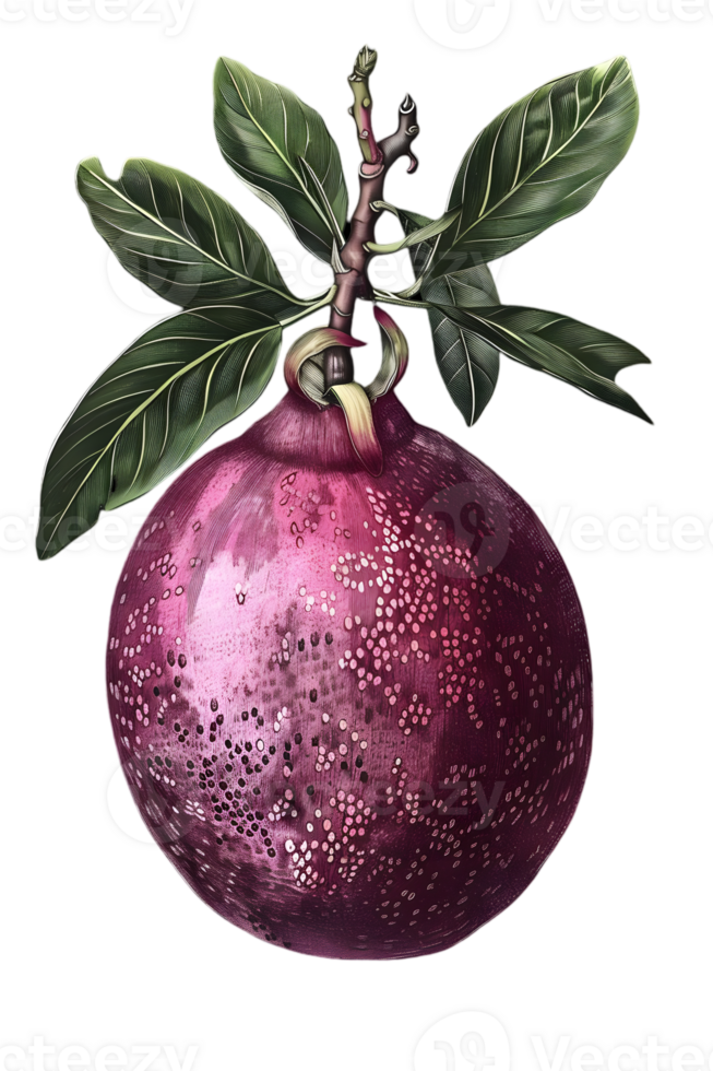 Isolated Ripe Purple Plum Fruit on Branch with Green Leaves Against Transparent Background in a Vibrant Botanical Illustration Still Life Artwork png