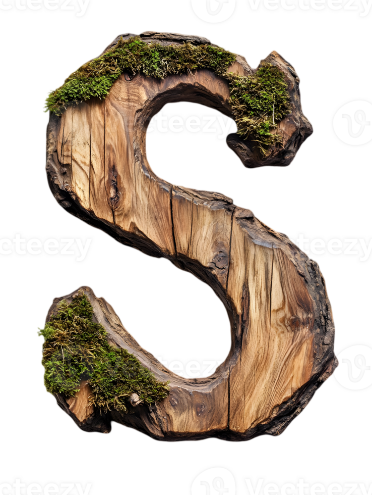 Isolated Wooden Letter S Covered in Moss with Transparent Background in Rustic Style png