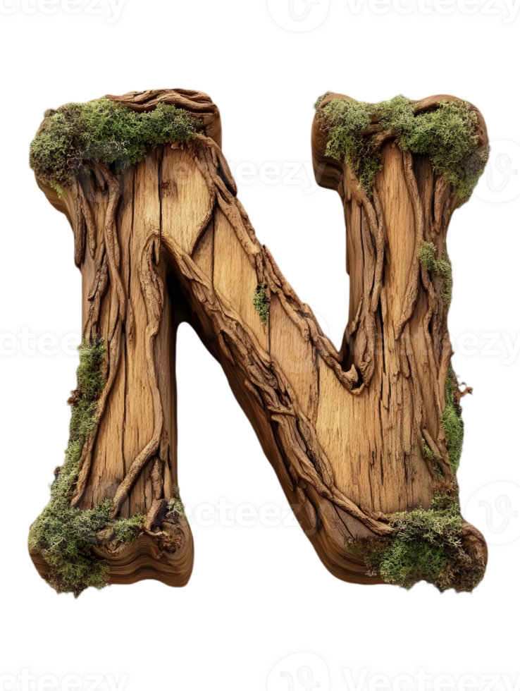 Isolated Wooden Mossy Letter N On Transparent Background Perfect for Nature Themed Designs and Typography Projects png