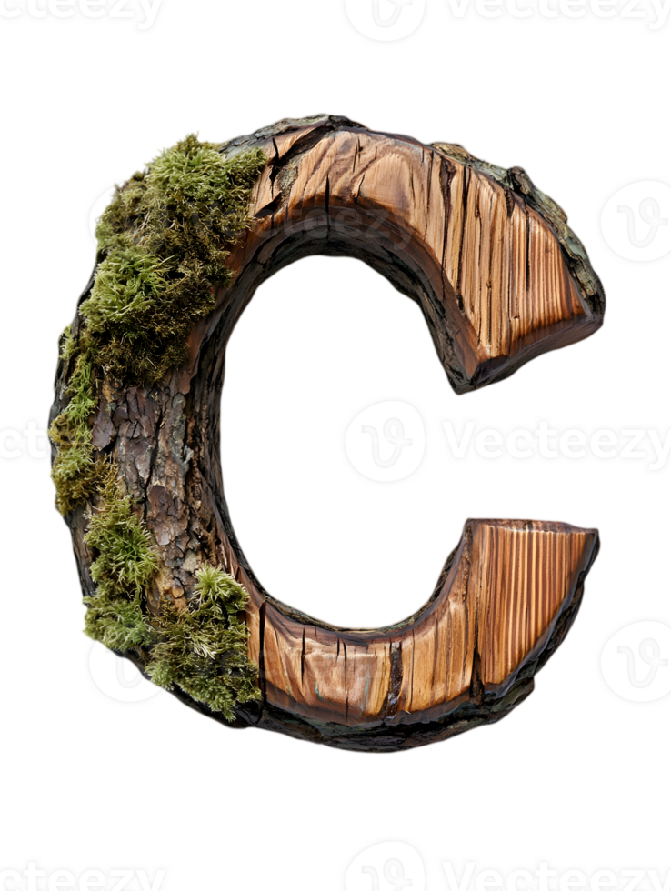 Letter C Made of Wood and Moss Texture on a Black Background Naturally Unique Alphabet Lettering Element png