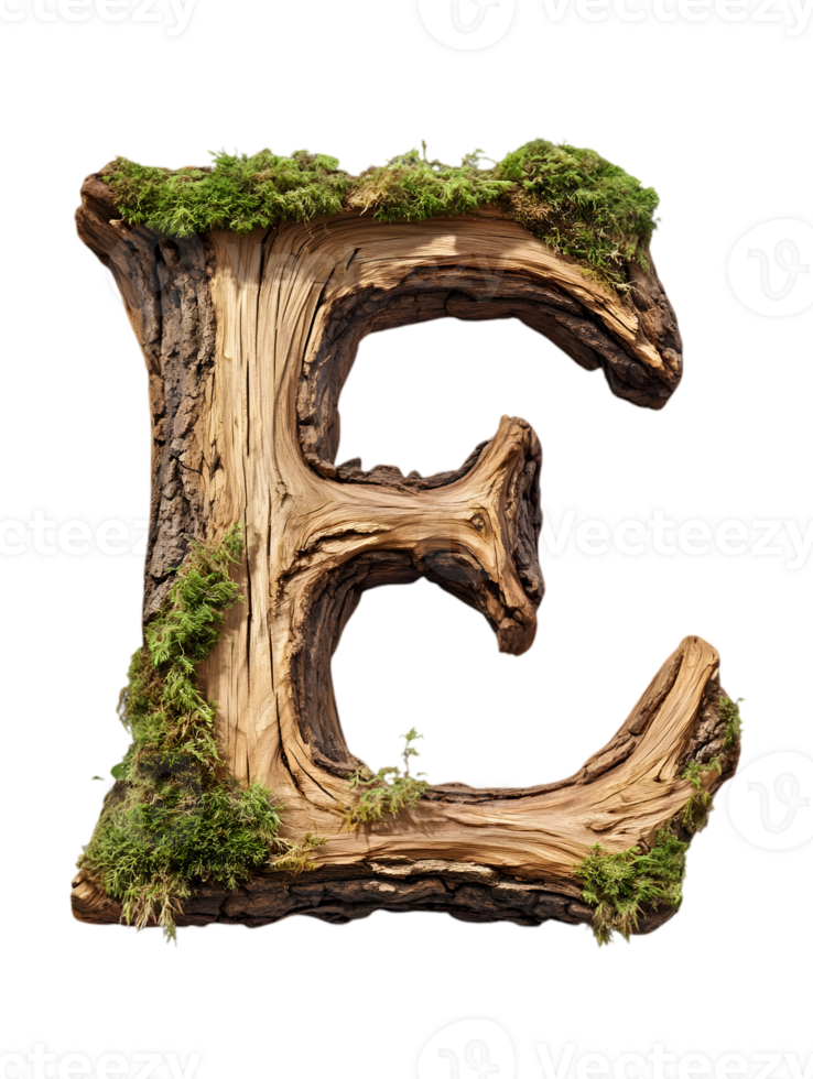 Letter E Made of Tree Bark and Moss Isolated on Transparent Background Artistic Natural and Decorative Element png