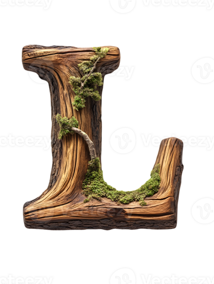 Letter L in Wood Texture and Moss Accents Isolated on Transparent Background png
