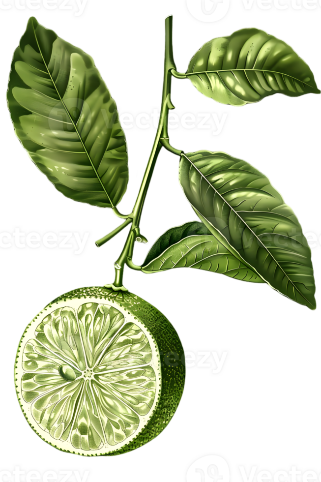Lime Slice with Green Leaves and Branch on Transparent Background for Healthy Food and Botanical Illustration png