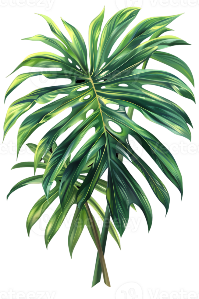 Lush Green Monstera Leaf Illustration with Watercolor Texture and Isolated on Transparent Background for Botanical Design Projects png