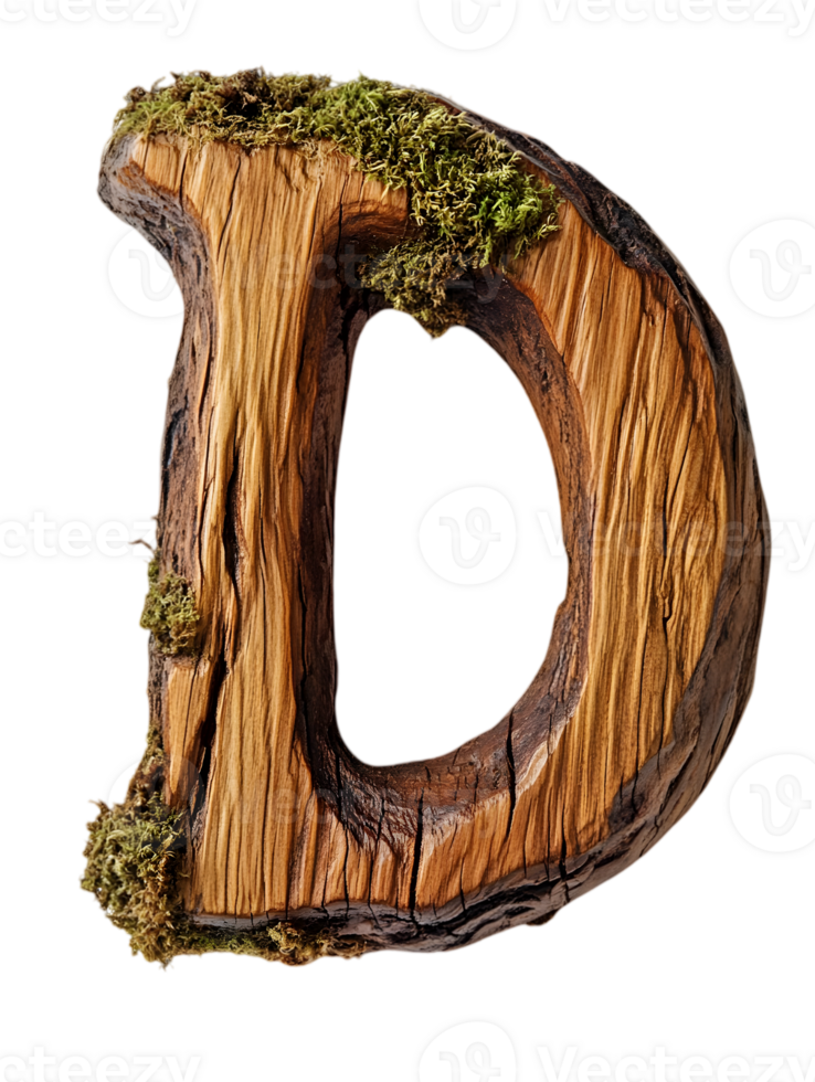 Isolated Three Dimensional Letter D Constructed with Textured Wood and Growing Moss on a Transparent Backdrop png