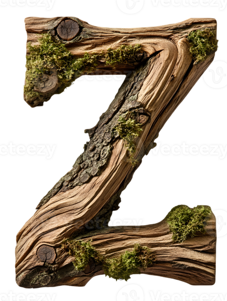 Isolated Wooden Letter Z with Moss on Transparent Background Rustic Alphabet Character Design Wood Texture and Natural Bark Detail Macro Shot png