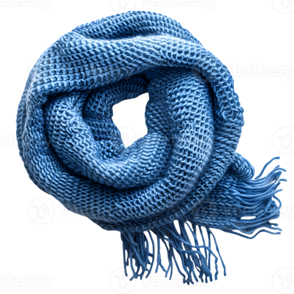 Knitted Blue Winter Scarf with Fringe Detail on Transparent Background Fashionable Warm and Cozy Apparel Studio Shot png