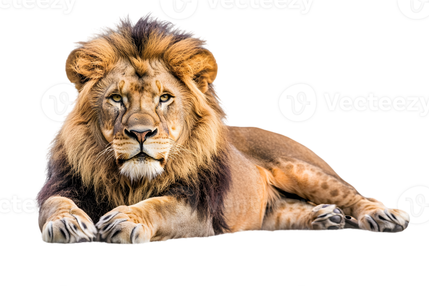 Majestic Lion Lying Down with Transparent Background Displaying Regal Mane and Intense Gaze a Powerful Symbol of African Wildlife png