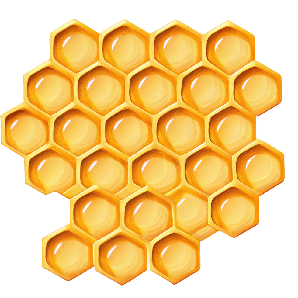 Honeycomb illustration of golden hexagon cells filled with honey png