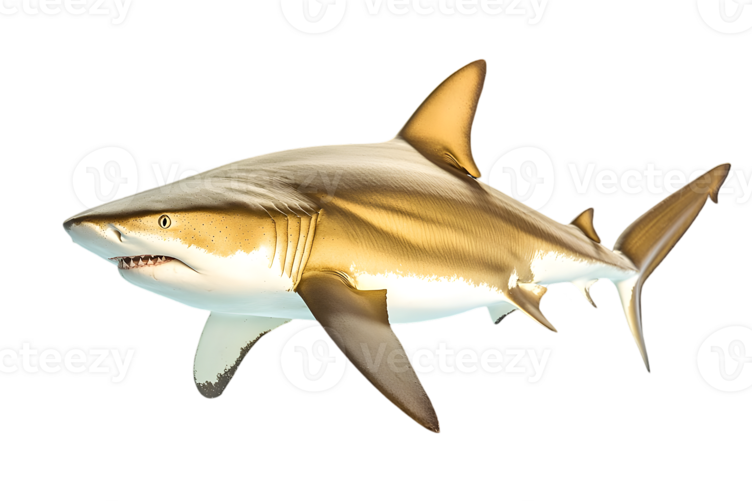 Majestic Shark Swimming Gracefully with a Transparent Background in Studio Lighting Showcasing Its Sleek Gray Body Fins and Powerful Jaws png