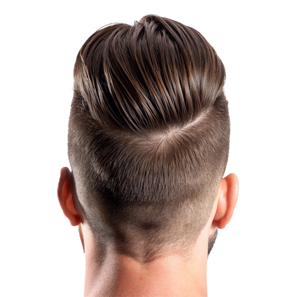 Men's Hairstyle Undercut Pompadour Back View, Stylish Brown Hair, Tapered Sides, Clean Cut png