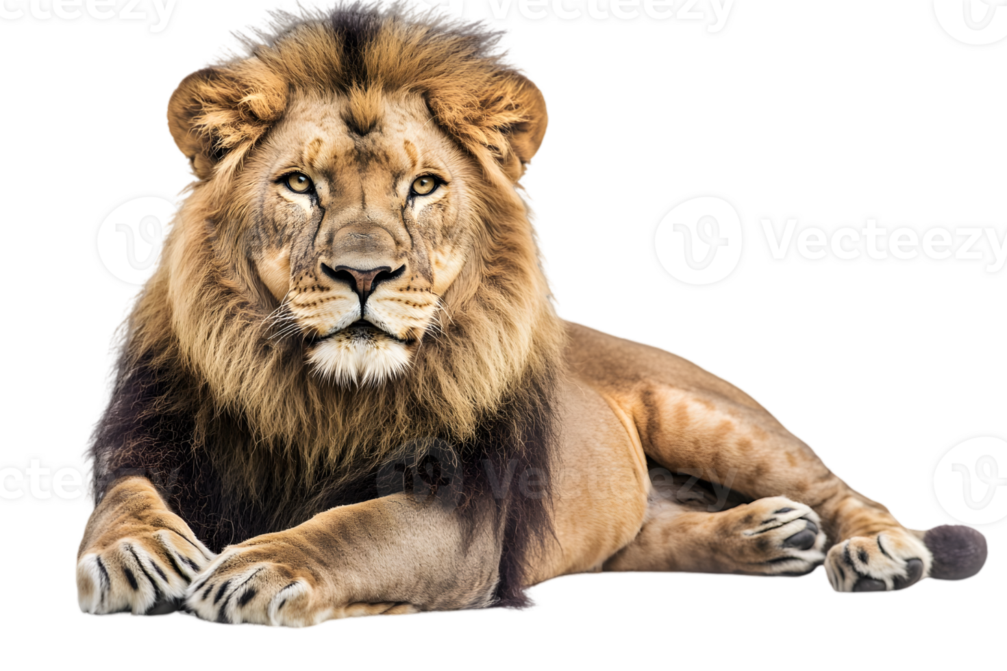 Majestic Portrait of a Lion with Golden Mane Resting Calmly on Transparent Background in Bright Sunlight Showing Detailed Fur and Powerful Build png